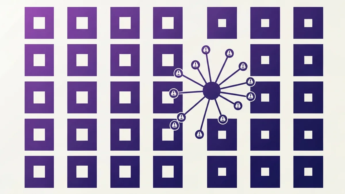 Diagram showing one identical image file fanned out to many Facebook groups, each connection flagged as a duplicate signal