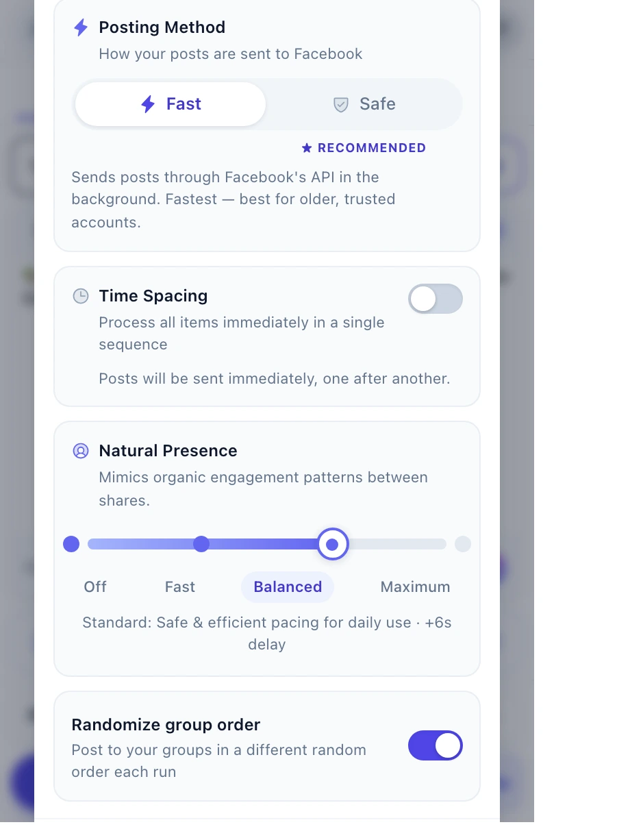 MultiGroupPoster Protection — Time Spacing between posting rounds plus a four-level Natural Presence slider that mimics organic Facebook activity to protect your account from bans
